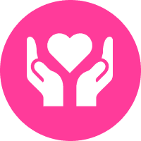 White icon of two hands holding a heart on a pink circular background.