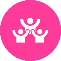Three simplified human figures with raised arms inside a pink circle, symbolizing teamwork or community.