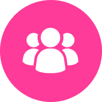 White icon of three people on a solid pink circle background.