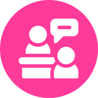 Two white user icons with a speech bubble above, set against a pink circular background, suggesting communication or conversation.