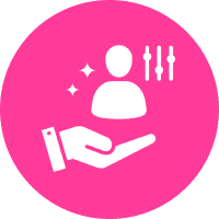 White icon of a hand holding a person, with sparkles and adjustment sliders, on a pink circular background.
