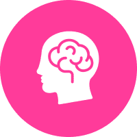White silhouette of a human head with a brain outline inside, centered on a solid pink circular background.