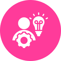 A white icon of a person, a gear, and a light bulb on a pink circular background, symbolizing innovation and problem-solving.