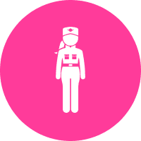 White icon of a nurse wearing a hat and uniform on a solid pink circular background.